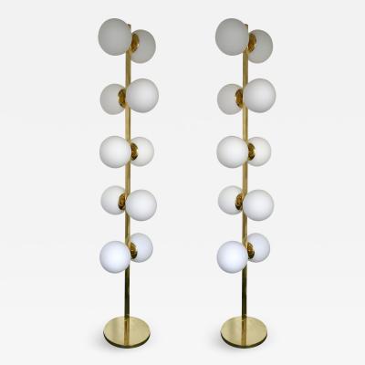 Contemporary Pair of Brass Floor Lamps Opaline Ball Italy