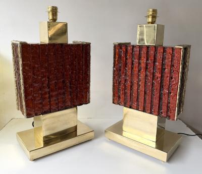 Contemporary Pair of Brass Fusion and Red Murano Glass Lamps Italy