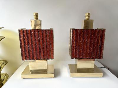 Contemporary Pair of Brass Fusion and Red Murano Glass Lamps Italy