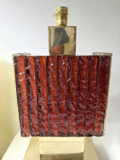 Contemporary Pair of Brass Fusion and Red Murano Glass Lamps Italy