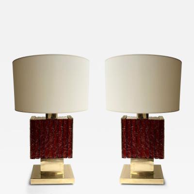 Contemporary Pair of Brass Fusion and Red Murano Glass Lamps Italy