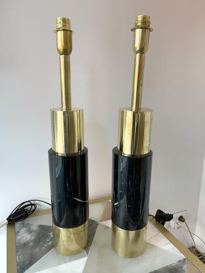 Contemporary Pair of Brass Lamps Black Marble Italy