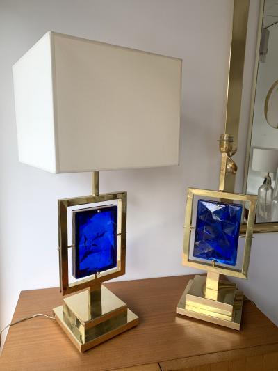 Contemporary Pair of Brass Lamps Blue Murano Glass Italy