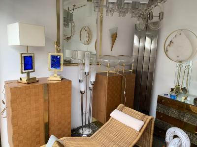 Contemporary Pair of Brass Lamps Blue Murano Glass Italy