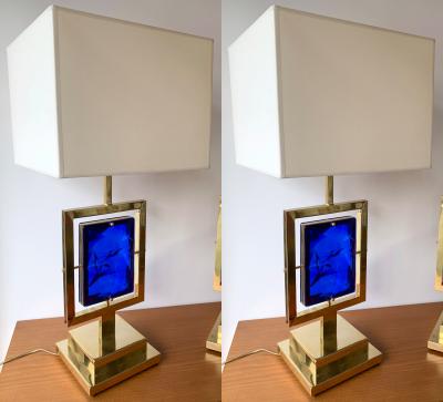 Contemporary Pair of Brass Lamps Blue Murano Glass Italy