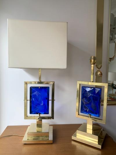 Contemporary Pair of Brass Lamps Blue Murano Glass Italy