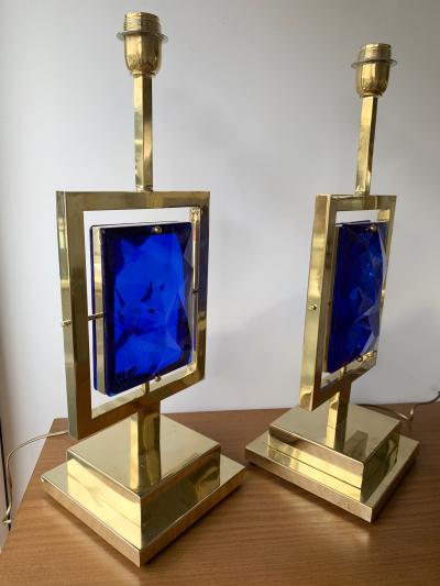 Contemporary Pair of Brass Lamps Blue Murano Glass Italy