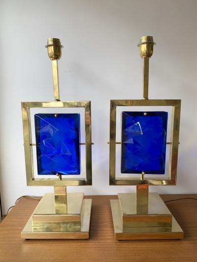 Contemporary Pair of Brass Lamps Blue Murano Glass Italy