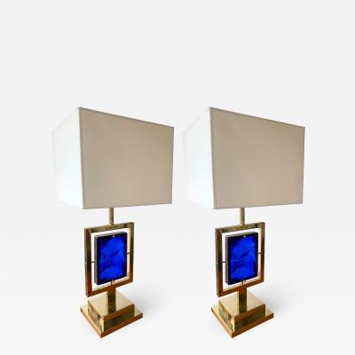Contemporary Pair of Brass Lamps Blue Murano Glass Italy