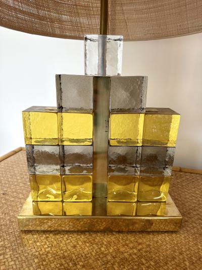 Contemporary Pair of Brass Lamps Cube Murano Glass Construction Italy