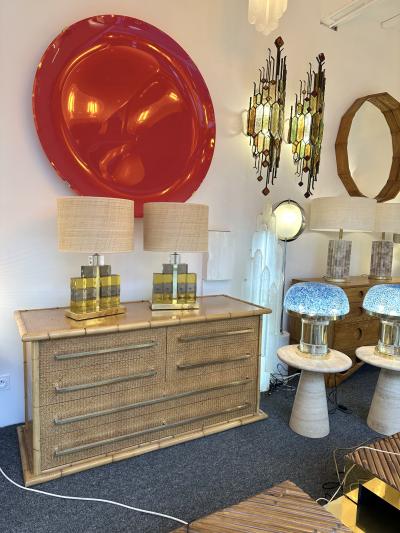 Contemporary Pair of Brass Lamps Cube Murano Glass Construction Italy