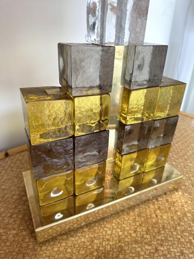 Contemporary Pair of Brass Lamps Cube Murano Glass Construction Italy
