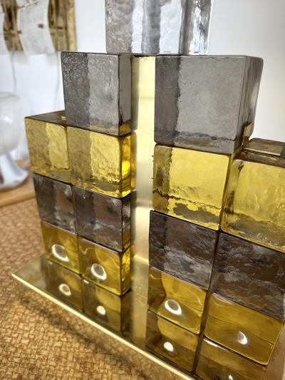 Contemporary Pair of Brass Lamps Cube Murano Glass Construction Italy