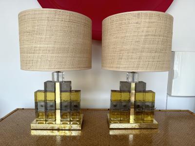 Contemporary Pair of Brass Lamps Cube Murano Glass Construction Italy
