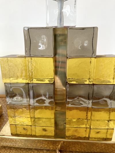Contemporary Pair of Brass Lamps Cube Murano Glass Construction Italy