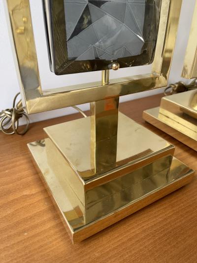 Contemporary Pair of Brass Lamps Grey Murano Glass Italy