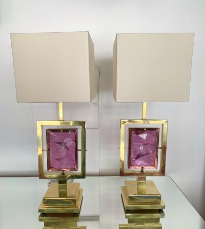 Contemporary Pair of Brass Lamps Murano Glass Italy