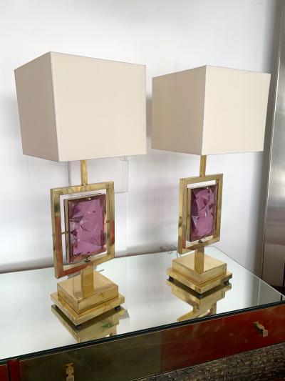 Contemporary Pair of Brass Lamps Murano Glass Italy
