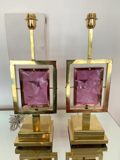 Contemporary Pair of Brass Lamps Murano Glass Italy