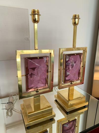 Contemporary Pair of Brass Lamps Murano Glass Italy