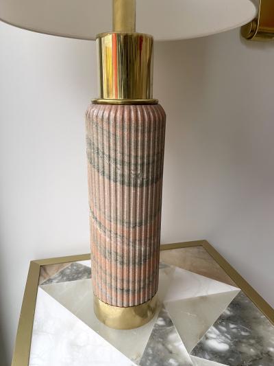 Contemporary Pair of Brass Lamps Pink Granite Stone Italy