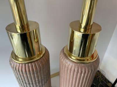 Contemporary Pair of Brass Lamps Pink Granite Stone Italy