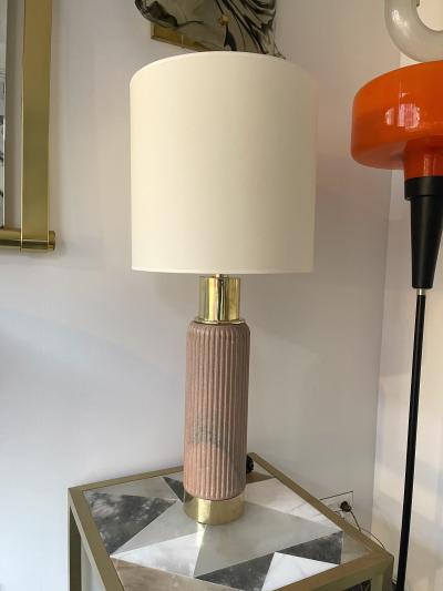 Contemporary Pair of Brass Lamps Pink Granite Stone Italy