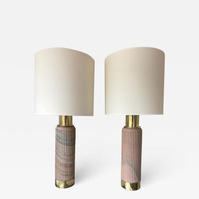 Contemporary Pair of Brass Lamps Pink Granite Stone Italy