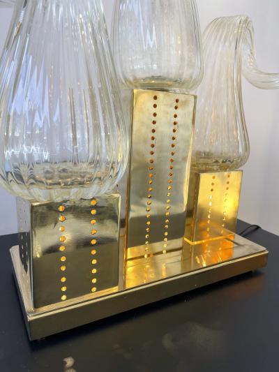 Contemporary Pair of Brass Murano Glass Flame Lamps Italy