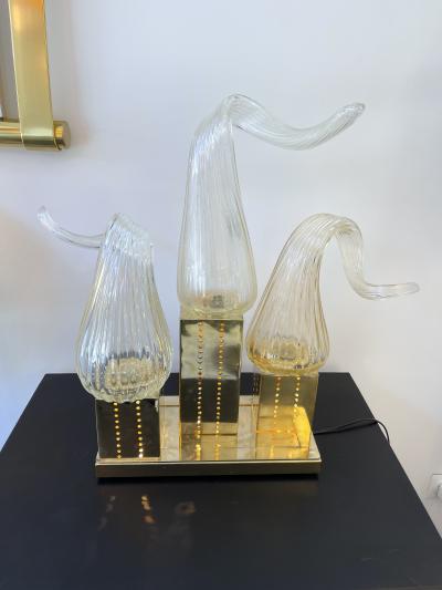 Contemporary Pair of Brass Murano Glass Flame Lamps Italy