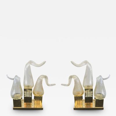 Contemporary Pair of Brass Murano Glass Flame Lamps Italy