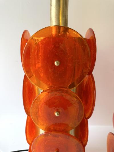 Contemporary Pair of Brass Murano Glass Orange Disc Lamps Italy
