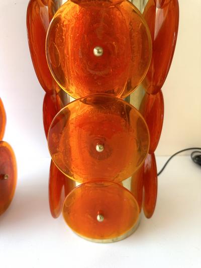 Contemporary Pair of Brass Murano Glass Orange Disc Lamps Italy
