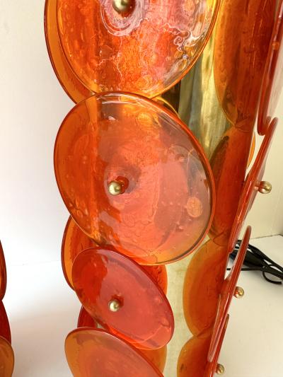 Contemporary Pair of Brass Murano Glass Orange Disc Lamps Italy