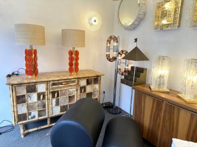 Contemporary Pair of Brass Murano Glass Orange Disc Lamps Italy