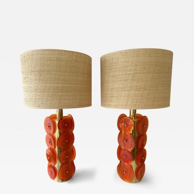 Contemporary Pair of Brass Murano Glass Orange Disc Lamps Italy