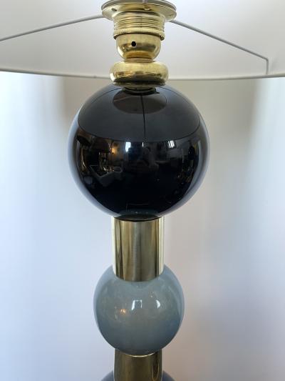 Contemporary Pair of Brass Murano Glass and Ceramic Ball Lamps Italy