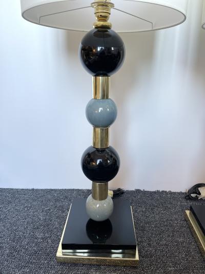 Contemporary Pair of Brass Murano Glass and Ceramic Ball Lamps Italy