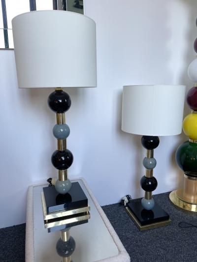 Contemporary Pair of Brass Murano Glass and Ceramic Ball Lamps Italy