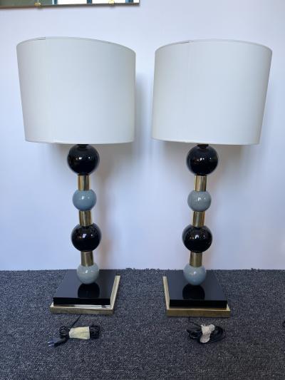 Contemporary Pair of Brass Murano Glass and Ceramic Ball Lamps Italy