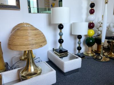 Contemporary Pair of Brass Murano Glass and Ceramic Ball Lamps Italy