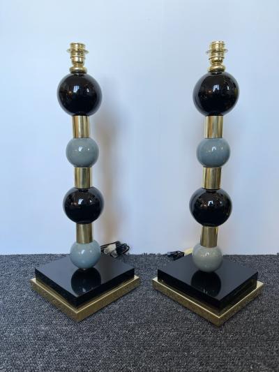 Contemporary Pair of Brass Murano Glass and Ceramic Ball Lamps Italy