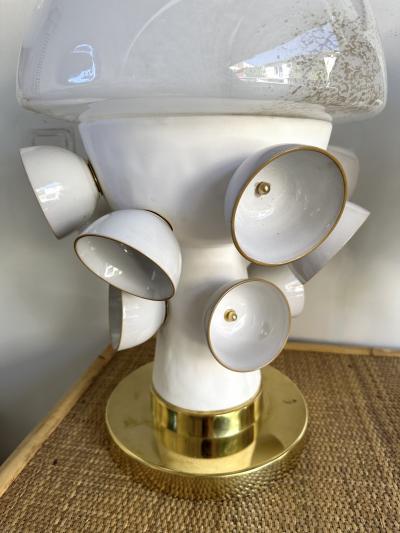 Contemporary Pair of Brass Murano Glass and Ceramic Mushroom Lamps Italy