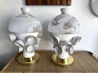Contemporary Pair of Brass Murano Glass and Ceramic Mushroom Lamps Italy