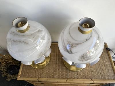 Contemporary Pair of Brass Murano Glass and Ceramic Mushroom Lamps Italy