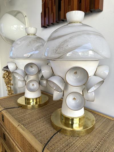 Contemporary Pair of Brass Murano Glass and Ceramic Mushroom Lamps Italy