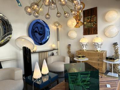 Contemporary Pair of Brass Murano Glass and Ceramic Mushroom Lamps Italy