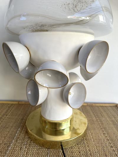 Contemporary Pair of Brass Murano Glass and Ceramic Mushroom Lamps Italy