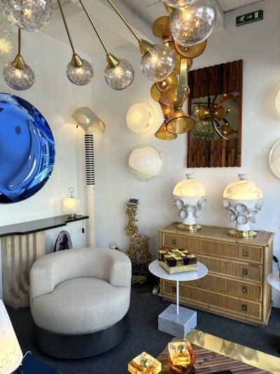 Contemporary Pair of Brass Murano Glass and Ceramic Mushroom Lamps Italy