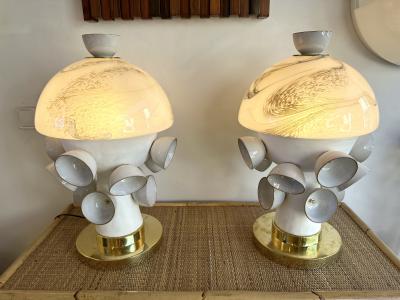 Contemporary Pair of Brass Murano Glass and Ceramic Mushroom Lamps Italy